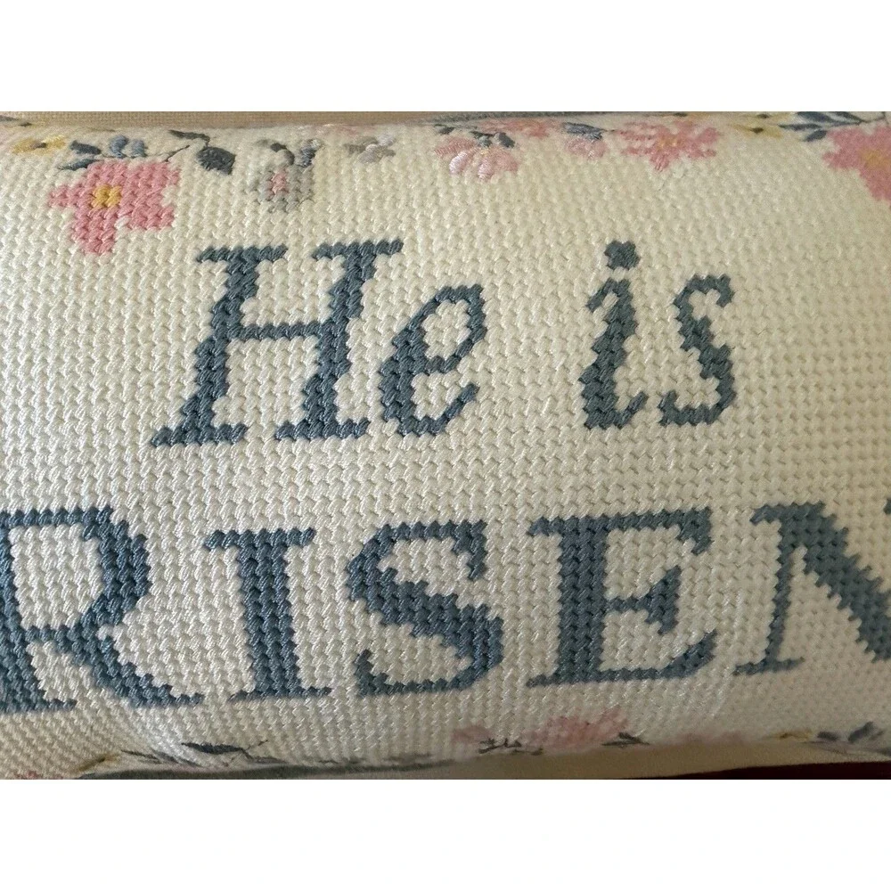 Easter Pillow Decoration Handmade embroidery 14x8” HE IS RISEN New
